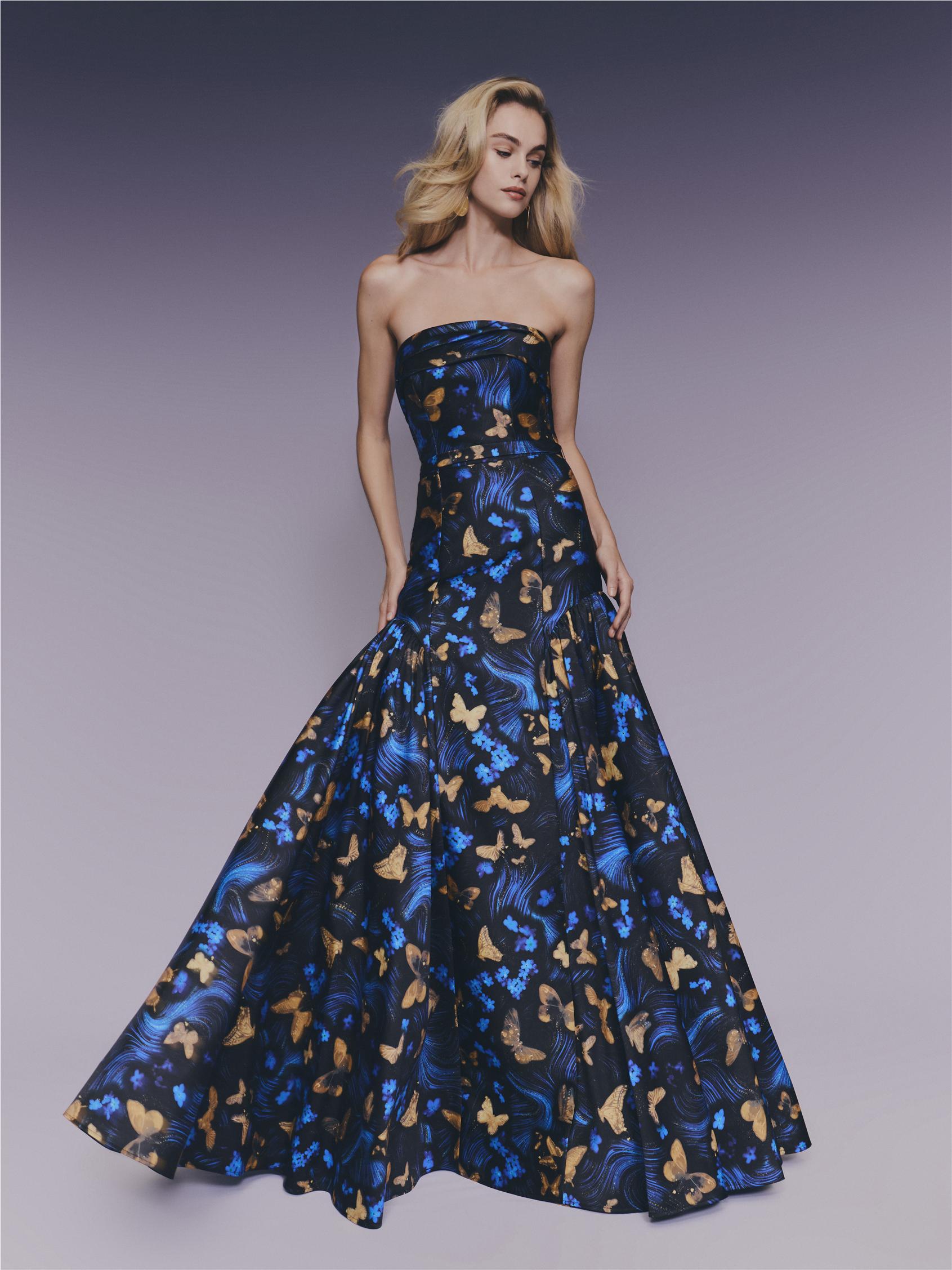 Vorderseite A-Linien Kleid mit trägerlosem Ausschnitt aus Mikado ALHOI.