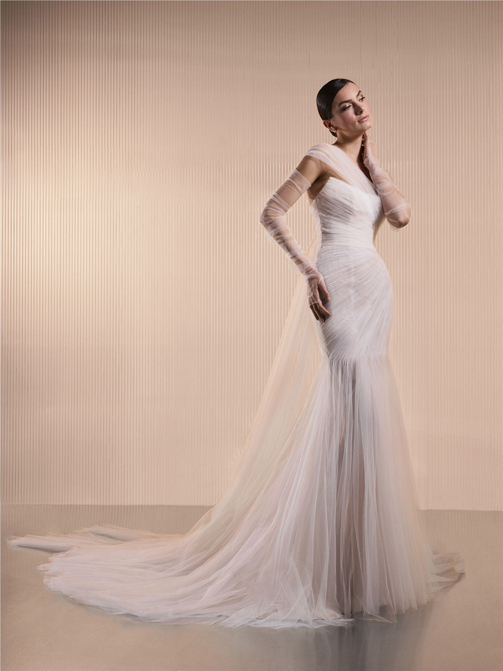 Front mermaid dress with asymmetrical neckline and open back in tulle AURENIA.
