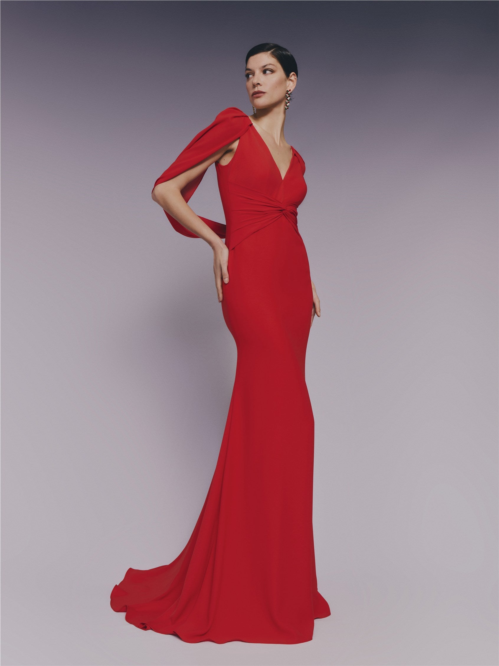Front mermaid godmother dress with V-neckline in crepe GRACILLA.