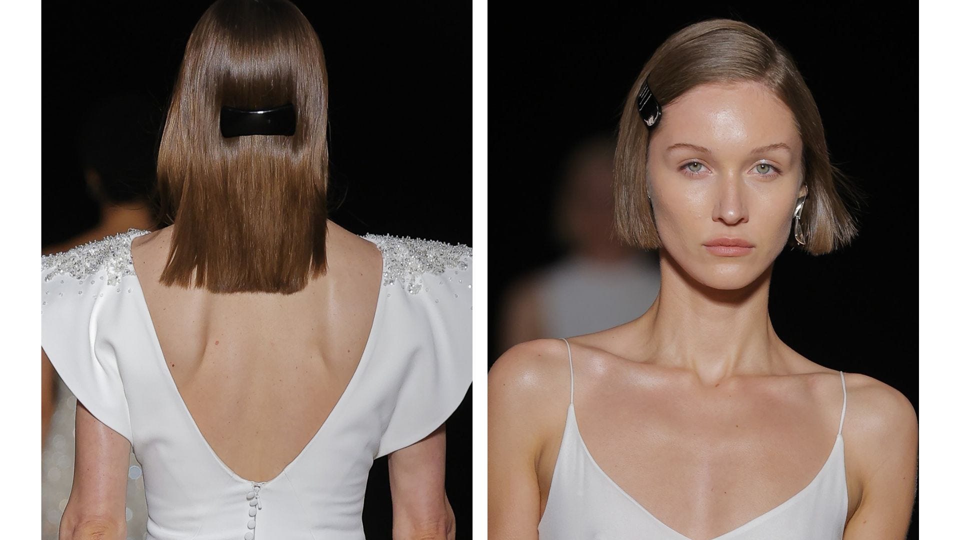 Mujer con un vestido de novia palabra de honor al aire libre apoyada en un coche rojo