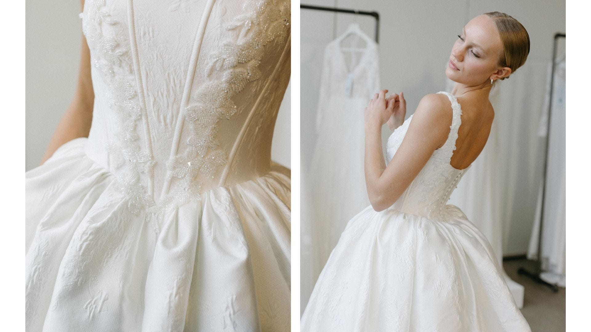 Woman wearing a two-piece bridal outfit with an off-the-shoulder top and a tulle skirt. 