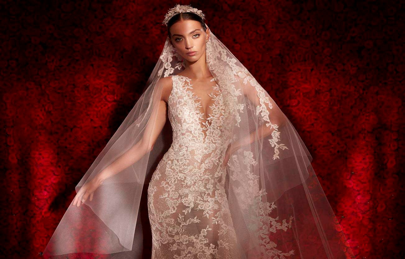 Une mariée radieuse dans une robe de mariée princesse à manches longues somptueuse et un voile délicat orné de dentelle 