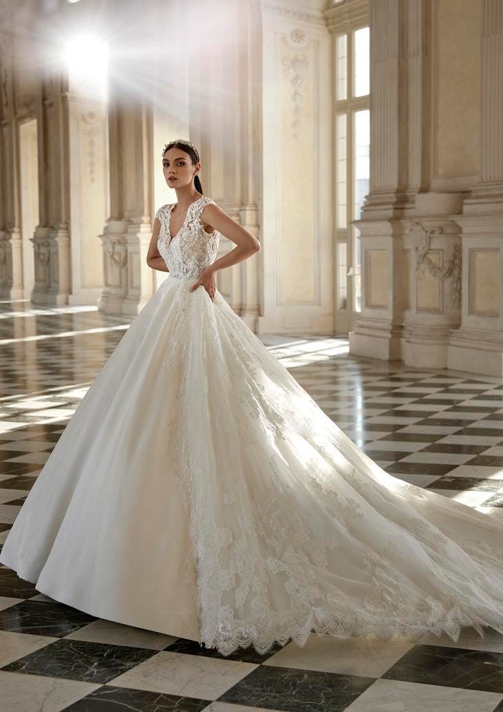 Woman wearing a princess wedding dress with lace bodice and flared tulle skirt. 