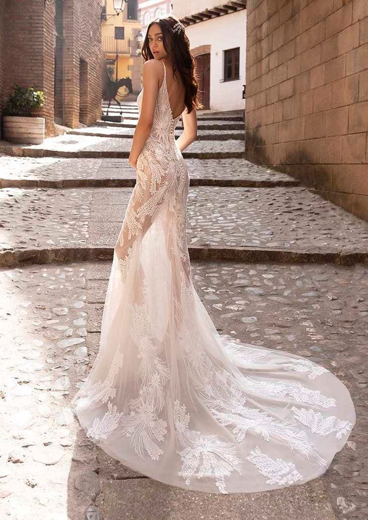 Robe de mariée transparente à motifs en dentelle Une mariée portant une robe de mariée transparente ornée de motifs en dentelle, d'un décolleté dans le dos et d'une traîne.