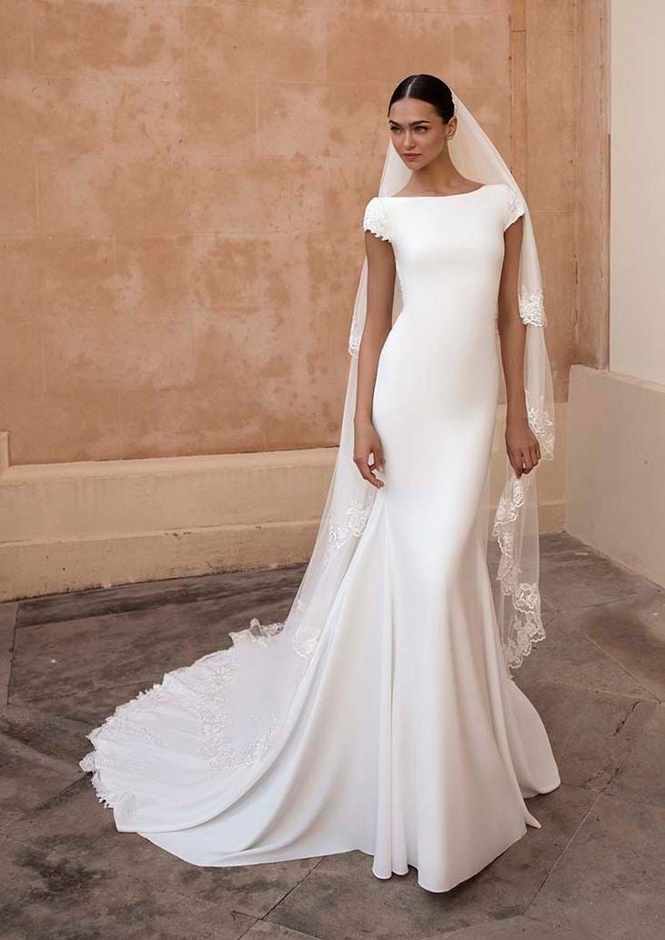 Robe de mariée simple à manches courtes et traine Une femme coiffée d'un voile orné de dentelle et portant une robe de mariée simple à manches courtes avec une longue traîne.