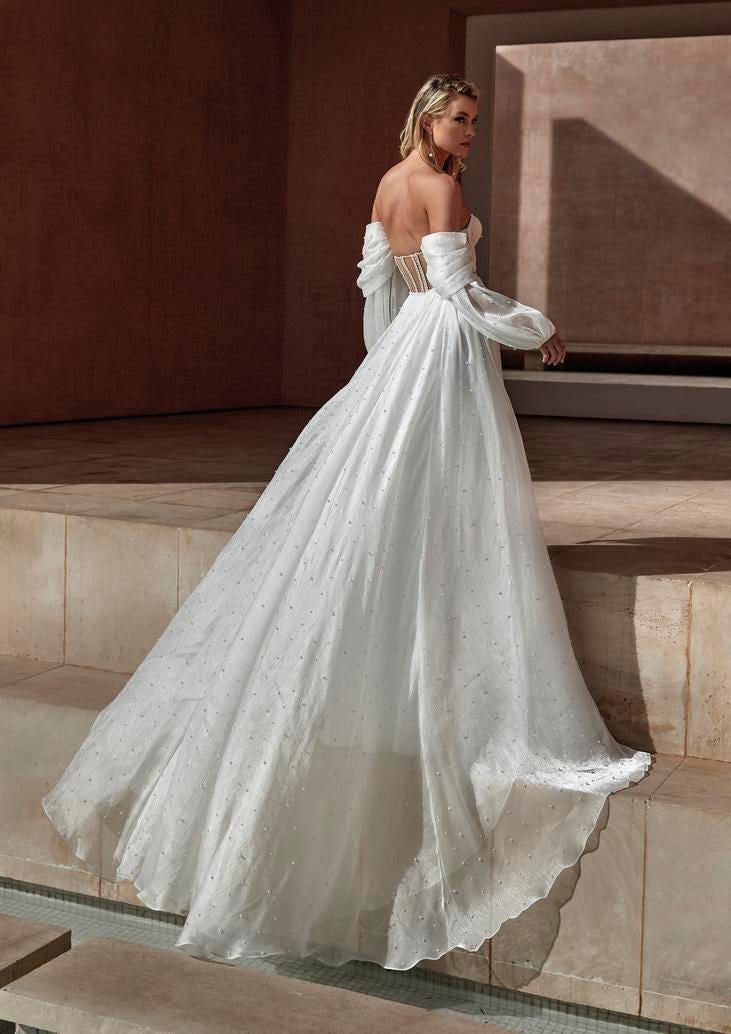 Abito da Sposa con Gonna lunga e ampia Sposa che indossa un vestito a maniche lunghe con scollo a cuore e gonna lunga e ampia.