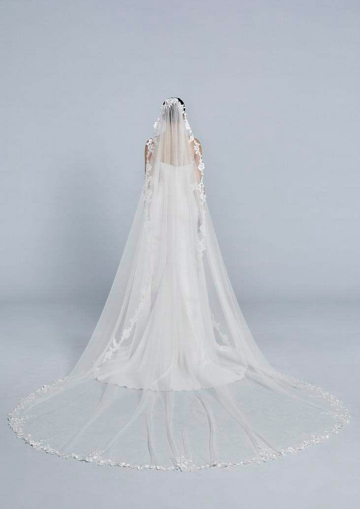 Woman wearing a long lace bridal veil with intricate embroidery around the edges