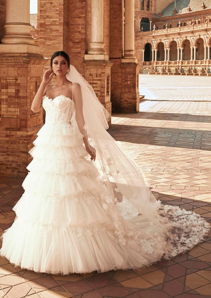 Mujer con vestido de novia con escote coraz&oacute;n y velo de novia 