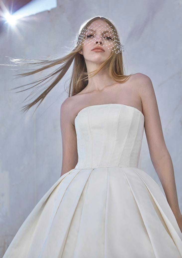 Woman in a strapless princess wedding dress with a fitted corset bodice and a voluminous skirt, standing outside